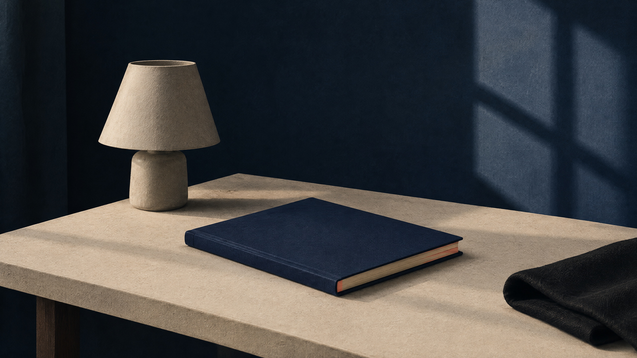 Un cuaderno azul cerrado y una lámpara apagada sobre una mesa, en una escena de silencio.